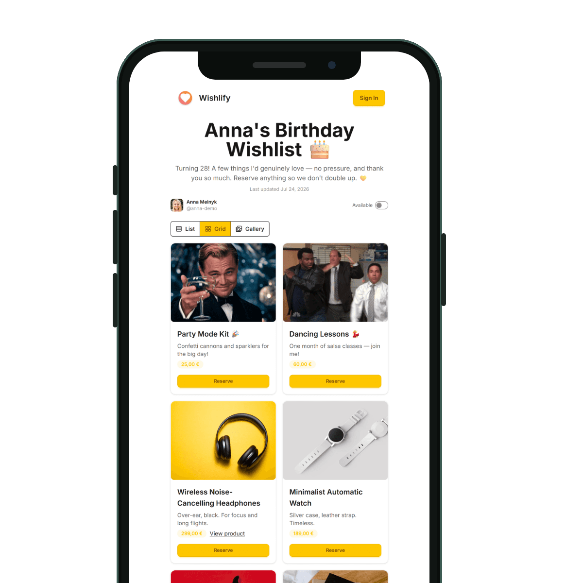 A Wishlify wishlist with gifts reserved by friends